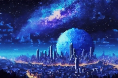Firefly-pixel-art-city-night-blue-planet-with-starry-sky-background-and-universe-nebula-3d-renderi-3