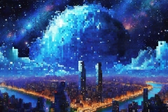 Firefly-pixel-art-city-night-blue-planet-with-starry-sky-background-and-universe-nebula-3d-renderi