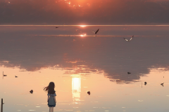 a_girl_stand_on_the_lakes_surface_sunset_long_shot_bird_view_ghibli