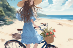 blue_sky_sea_beach_girl_sunhat_long_hair_dress_bicycle