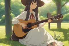 ghibli_a_girl_long_dress_long_hair_hat_playing_guitar_sitting_on_the_grass_sunny_day