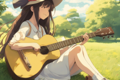 ghibli_a_girl_long_dress_long_hair_hat_playing_guitar_sitting_on_the_grass_sunny_day_smiley