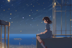 ghibli_a_girl_on_the_top_of_a_high_building_open_sea_view_starry_night_shooting_star
