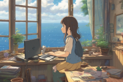 ghibli_a_girl_use_her_pc_in_a_room_big_windows_sea_view_raining_day_rural