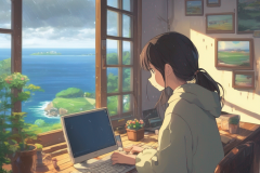 ghibli_a_girl_use_her_pc_in_a_room_big_windows_sea_view_rainy_day_rural