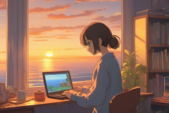 ghibli_a_girl_use_her_pc_in_a_room_big_windows_sea_view_sunset