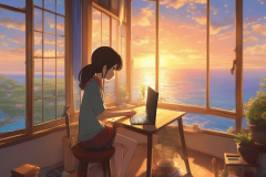 ghibli_a_girl_use_her_pc_in_a_room_big_windows_sea_view_sunset_rural