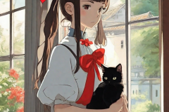 ghibli_beautiful_girl_stand_next_to_the_big_windows_cure_hair_red_ribbon_on_the_head_small_black_cat