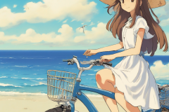 ghibli_blue_sky_sea_beach_girl_sunhat_long_hair_dress_bicycle