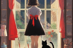 ghibli_girl_stand_next_to_the_windows_cure_hair_red_ribbon_black_cat