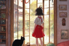 ghibli_girl_stand_next_to_the_windows_cure_hair_red_ribbon_on_the_head_black_cat