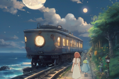 ghibli_girl_unreal_fantasy_sea_moon_train