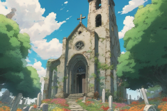 ghibli_ruin_a_broken_church_on_the_hill_flowers_and_graves_around_it_looking_up