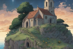 ghibli_ruin_a_broken_church_with_front_part_only_on_the_hill_flowers_and_graves_around_it_birdview_open_sea_view_starry_night