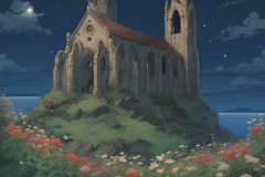 ghibli_ruin_a_damaged_church_with_remain_front_part_stand_on_the_hill_with_flowers_and_graves_around_it_view_from_sky_like_bird_open_sea_view_starry_night