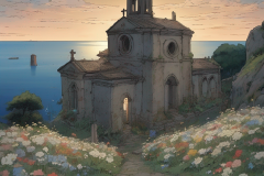 ghibli_ruin_a_old_church_part_of_church_remain_on_the_hill_flowers_and_graves_around_it_open_sea_view_starry_night_overhead_view