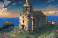 ghibli_ruin_a_old_church_totally_damaged_except_the_front_part_stand_on_the_hill_with_flowers_and_graves_around_it_view_from_sky_like_bird_open_sea_view_starry_night