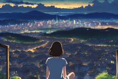 ghibli_starry_night_city_view_view_from_the_hill_girl_relax