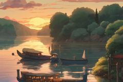 ghibli_sunset_lake_boat